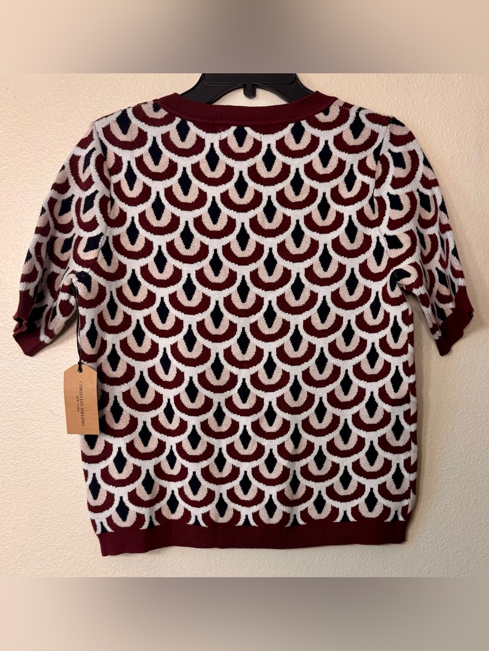 Christian Siriano Burgundy, Navy & Cream Scallop-Pattern Short-Sleeve Sweater - Picture 6 of 6
